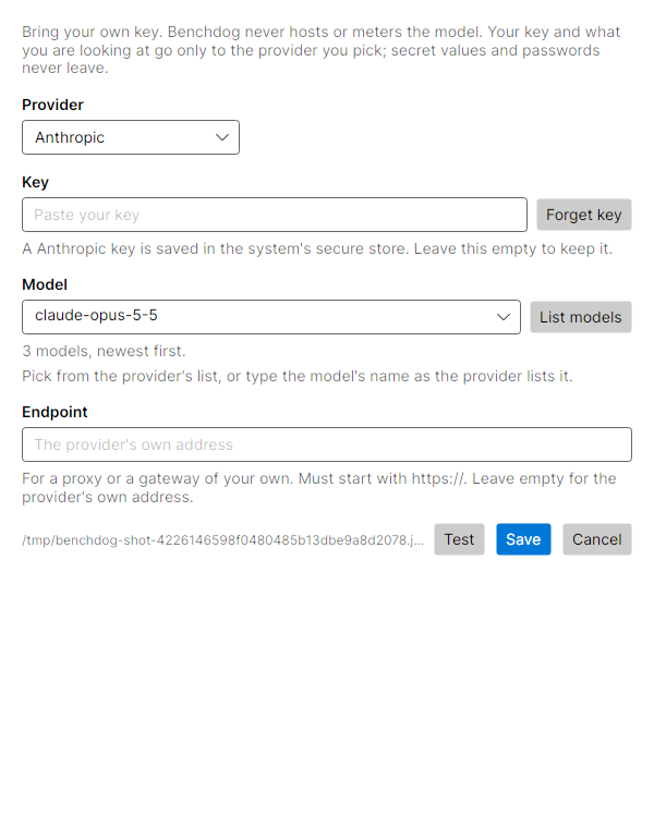 The AI Assistant settings window with Anthropic picked, a key saved, the models listed newest first and one picked, with Test and Save buttons