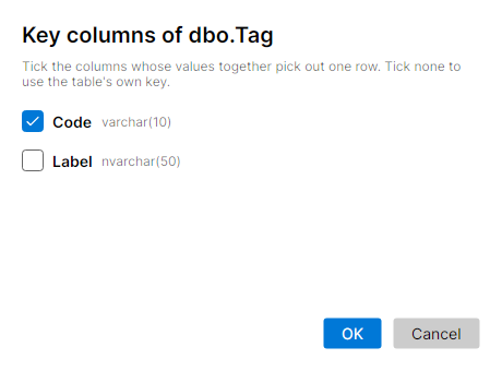 The Key columns window for dbo.Tag, which has no primary key, with Code ticked