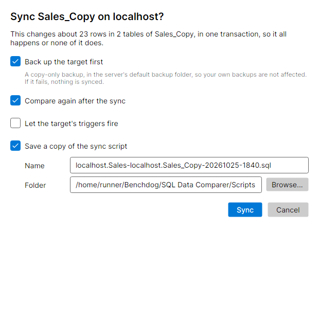 The Sync window with Back up the target first, Compare again after the sync and Save a copy of the sync script ticked
