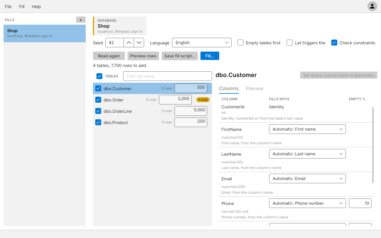 dbo.Customer ticked for 500 rows and picked, with the Columns tab listing what fills FirstName, LastName, Email, Phone, City and Joined and why