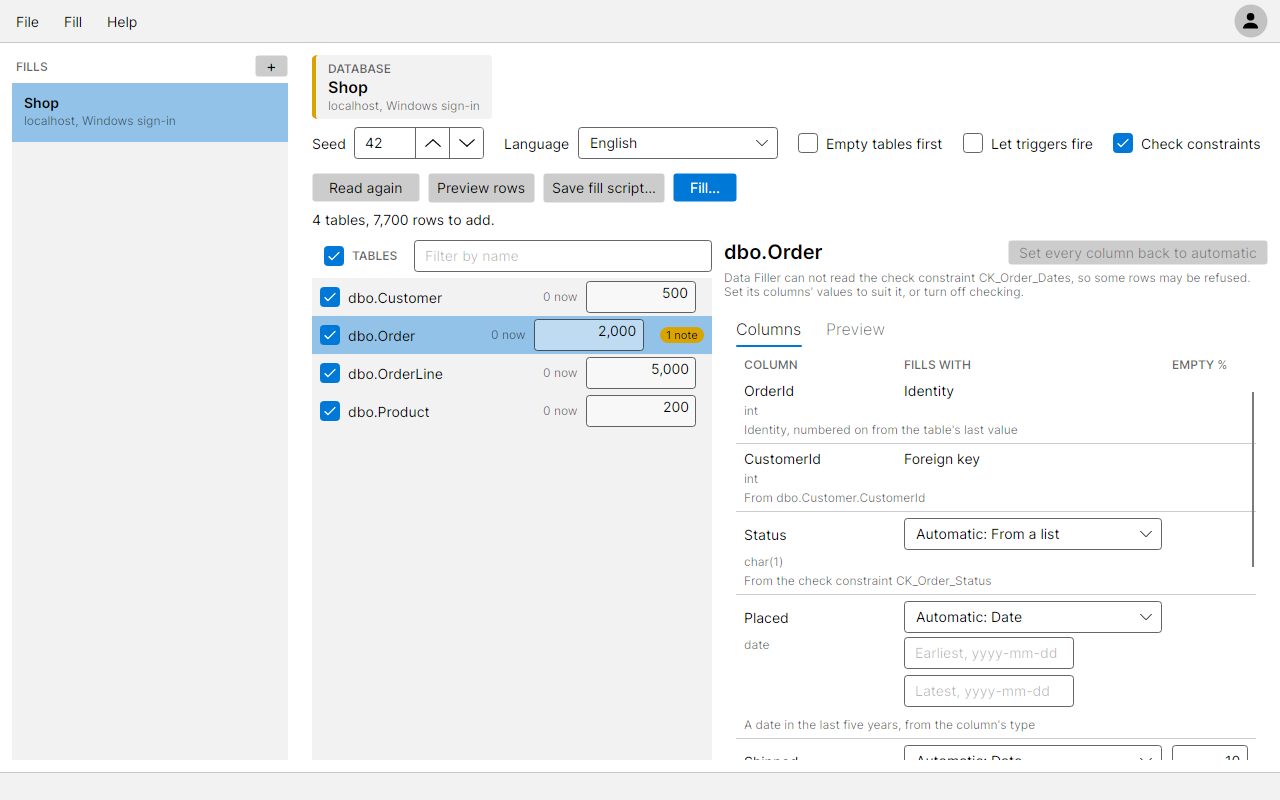 dbo.Order picked, with the Columns tab showing the foreign key, the check constraints on Status and the dates, and the computed Total