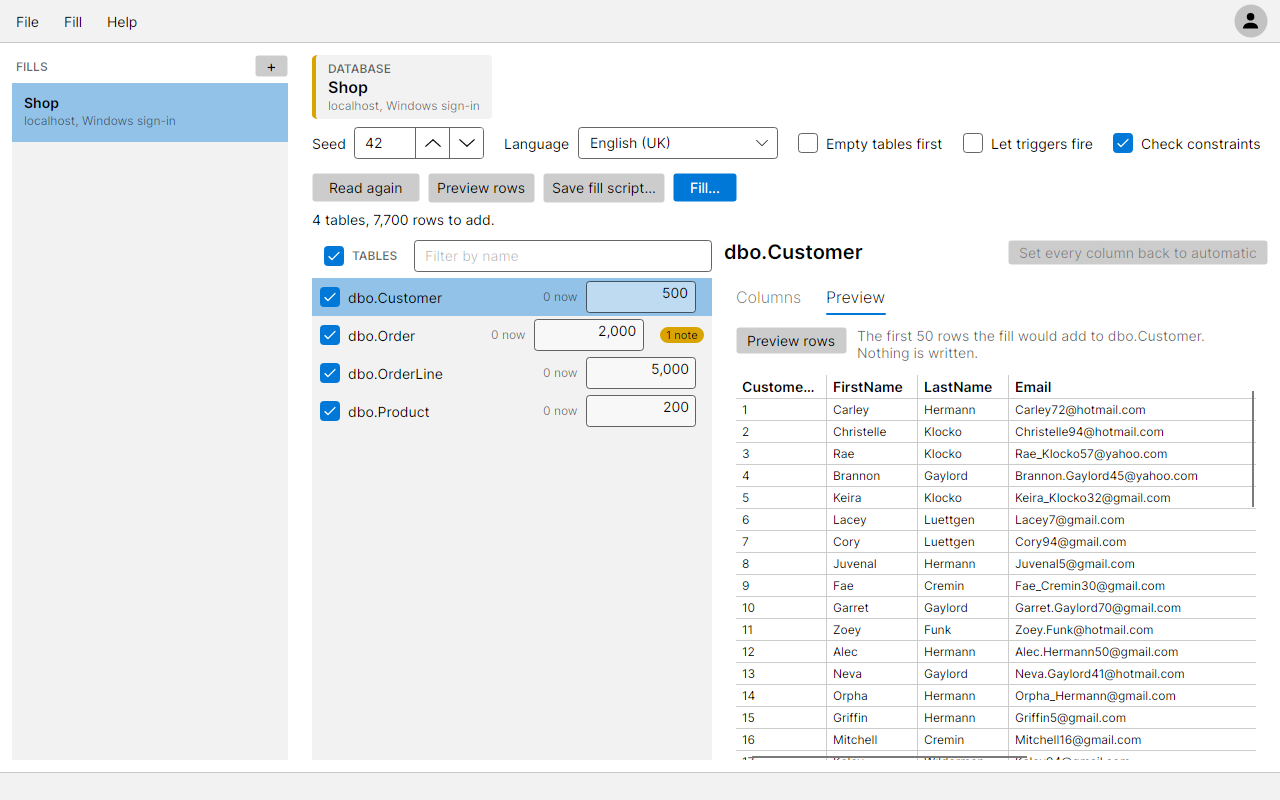 The Preview tab for dbo.Customer in English (UK), with first names, last names and emails that match and a NULL phone in italics
