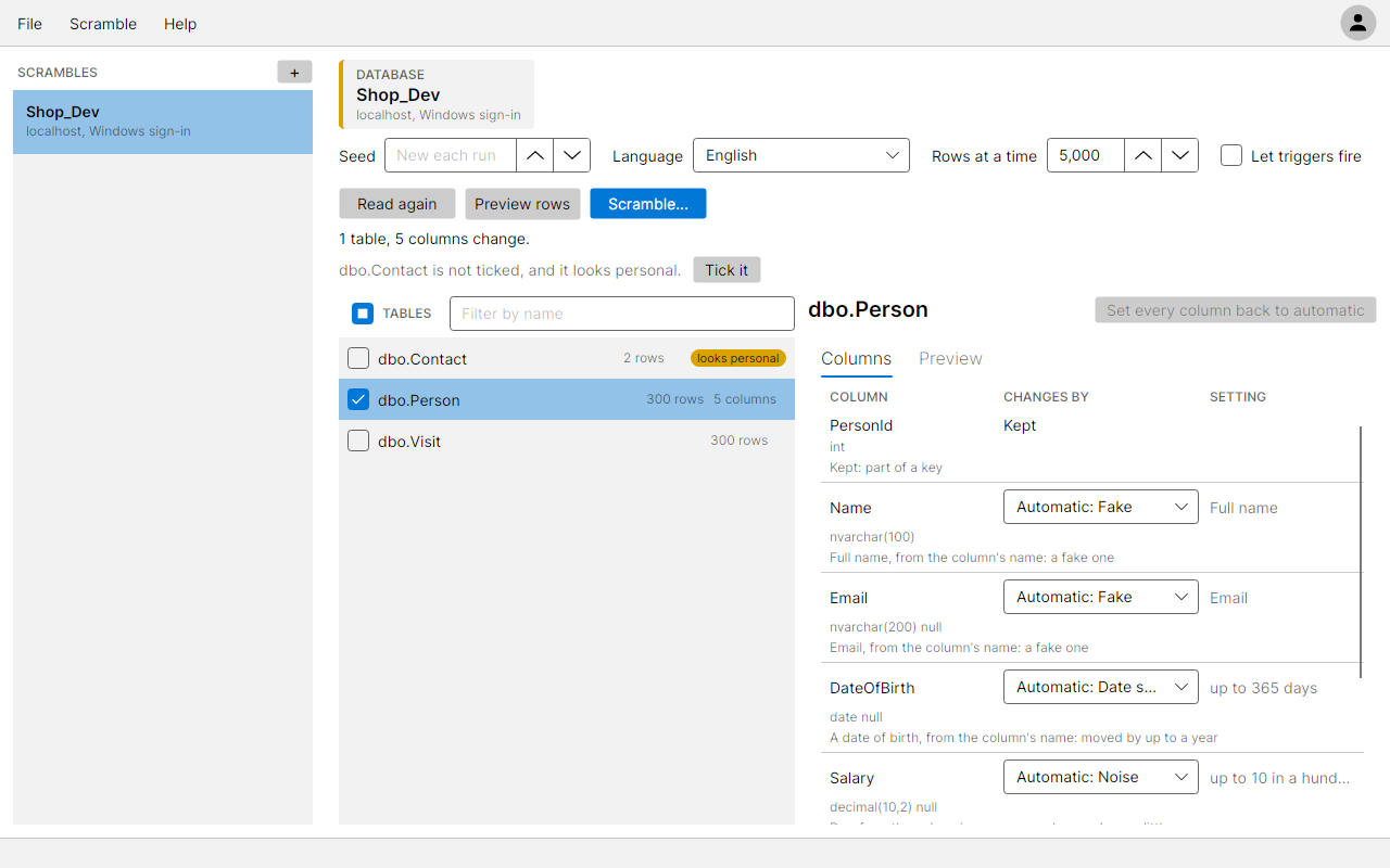 dbo.Person ticked and picked, with the Columns tab showing what changes each column and why