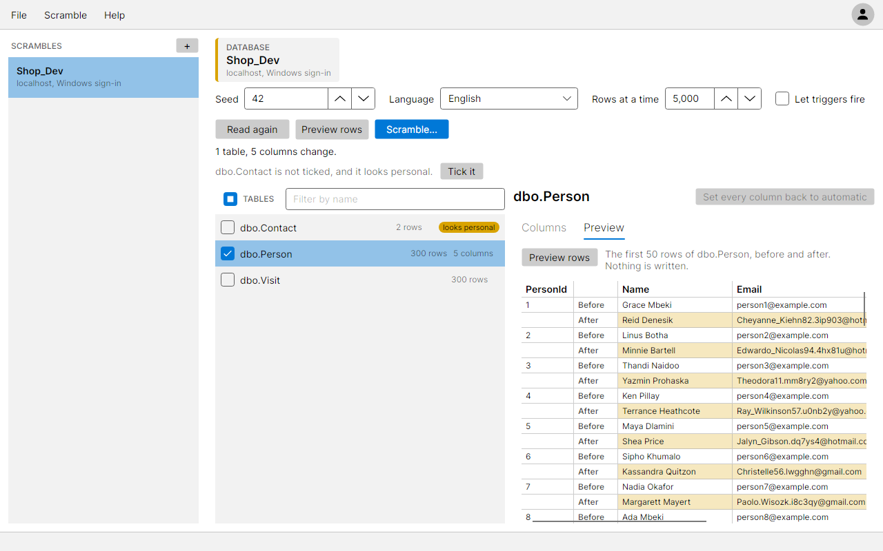 The Preview tab for dbo.Person with each row shown before and after, the changed values marked and PersonId unchanged