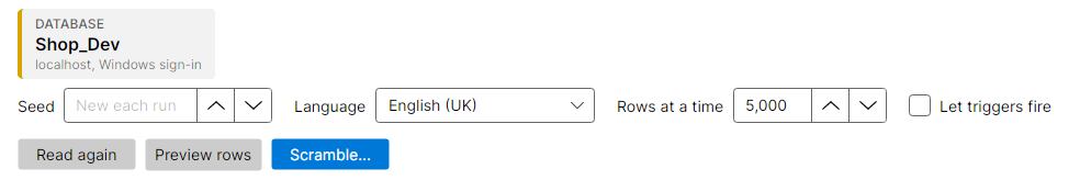 The scramble settings in the desktop app, with the Seed box empty showing New each run, Language English (UK), Rows at a time at its default and Let triggers fire off