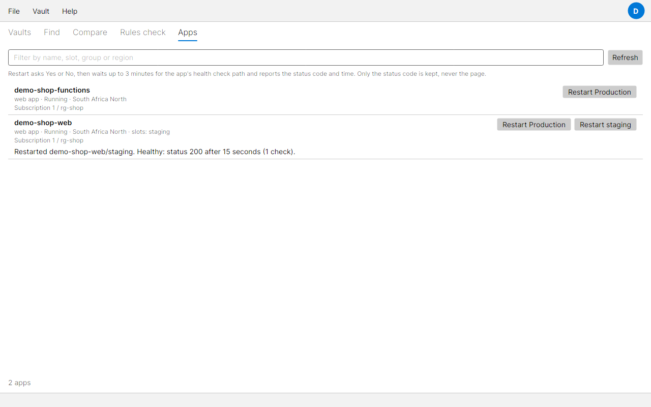 The Apps tab listing a web app with its staging slot and a function app, the slot just restarted and back with status 200