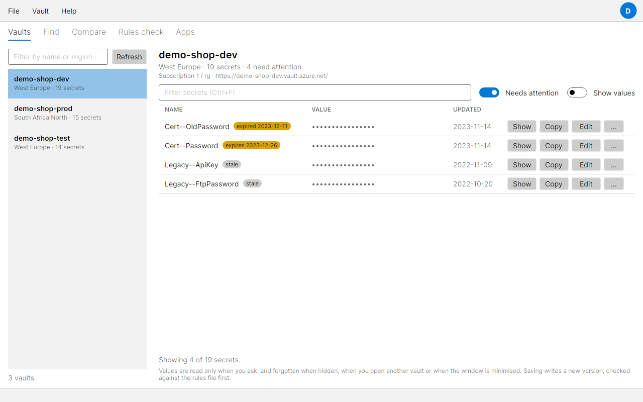 The dev editor with Needs attention on, showing an expired secret, one expiring soon and two unchanged for a year