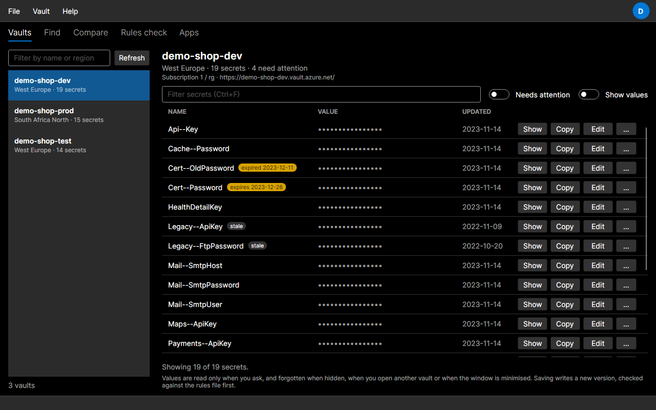 Benchdog Key Vault on the desktop in dark theme, with three vaults listed and one open with its values masked