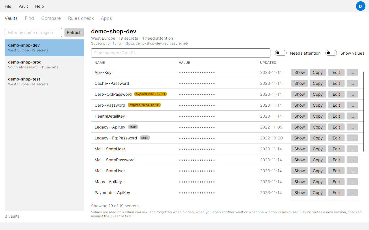 The desktop app listing three vaults with their regions and secret counts, with one open in the editor and every value masked but one