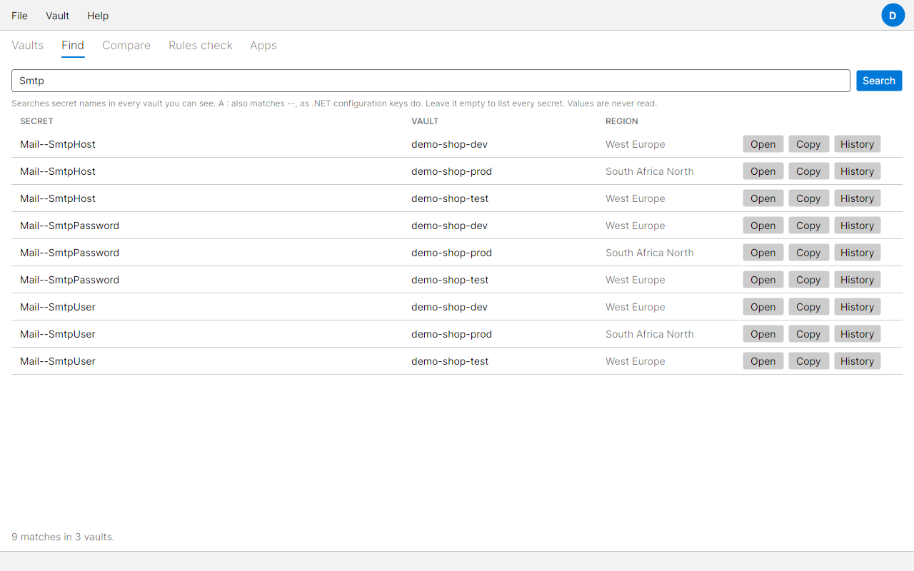 The Find tab with a search for Smtp matching three secrets in each of three vaults, with Open, Copy and History beside each match