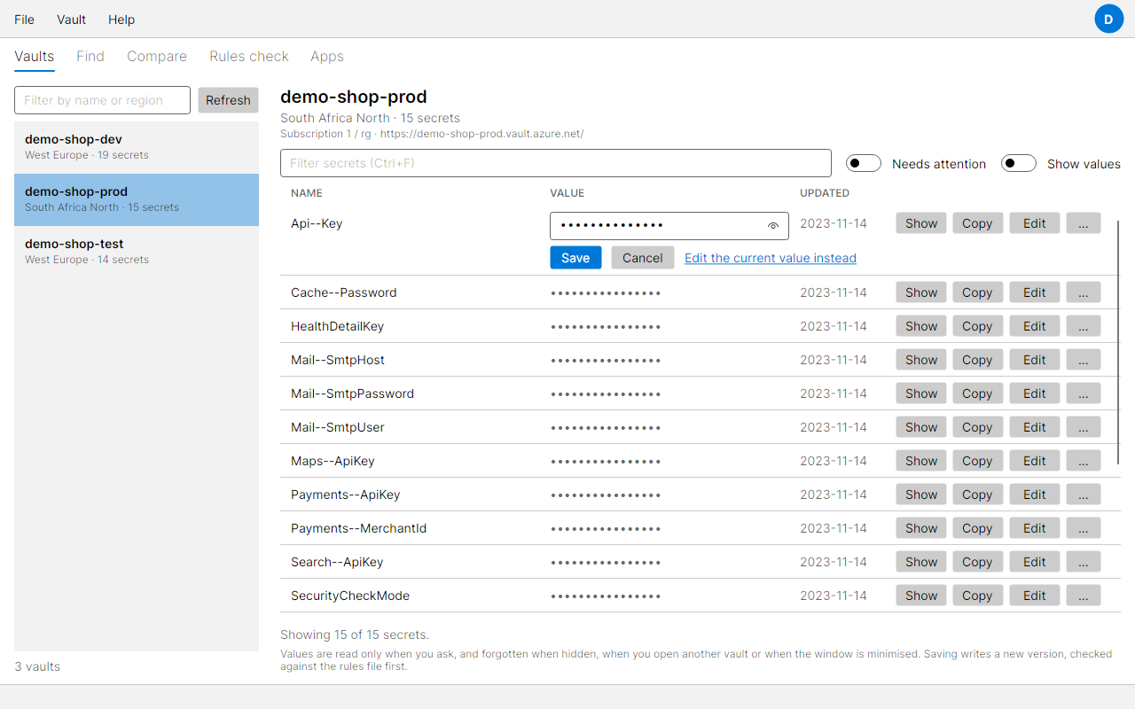 The prod editor with one secret open for Replace without reading, a new value typed into the empty password box
