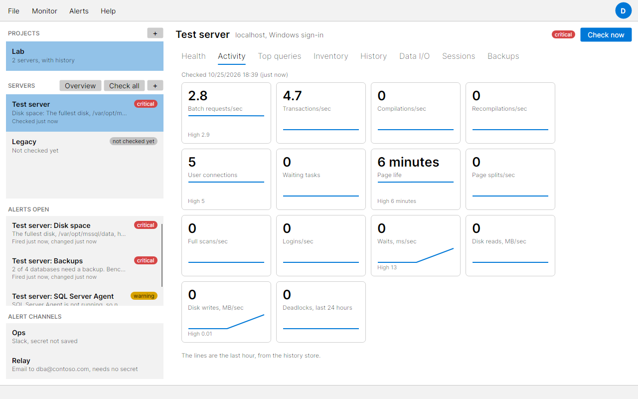 The Activity tab with a tile for each number, such as batch requests a second, transactions and page life, each with a small line of the last hour