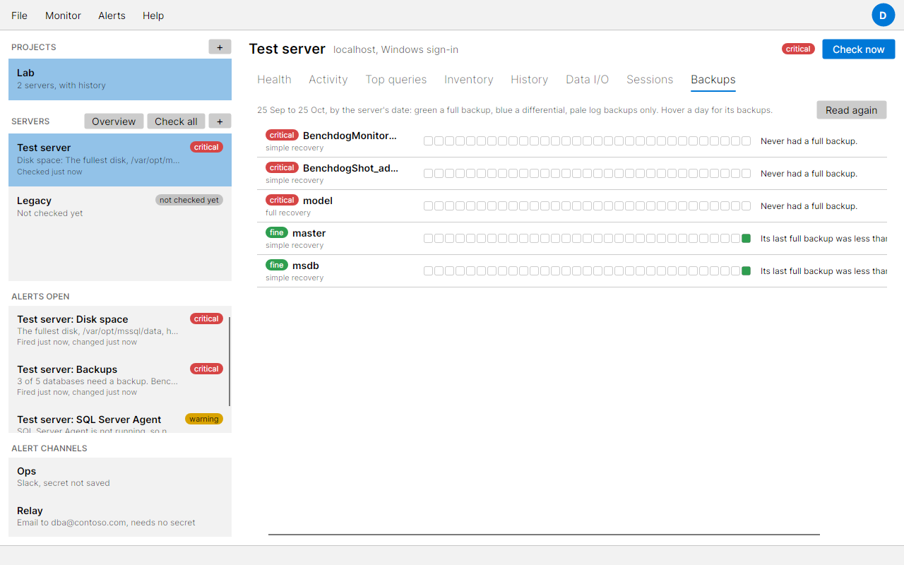 The Backups tab with a row for each database, a square for each of the last 31 days coloured by its backups, and a line saying what each database needs