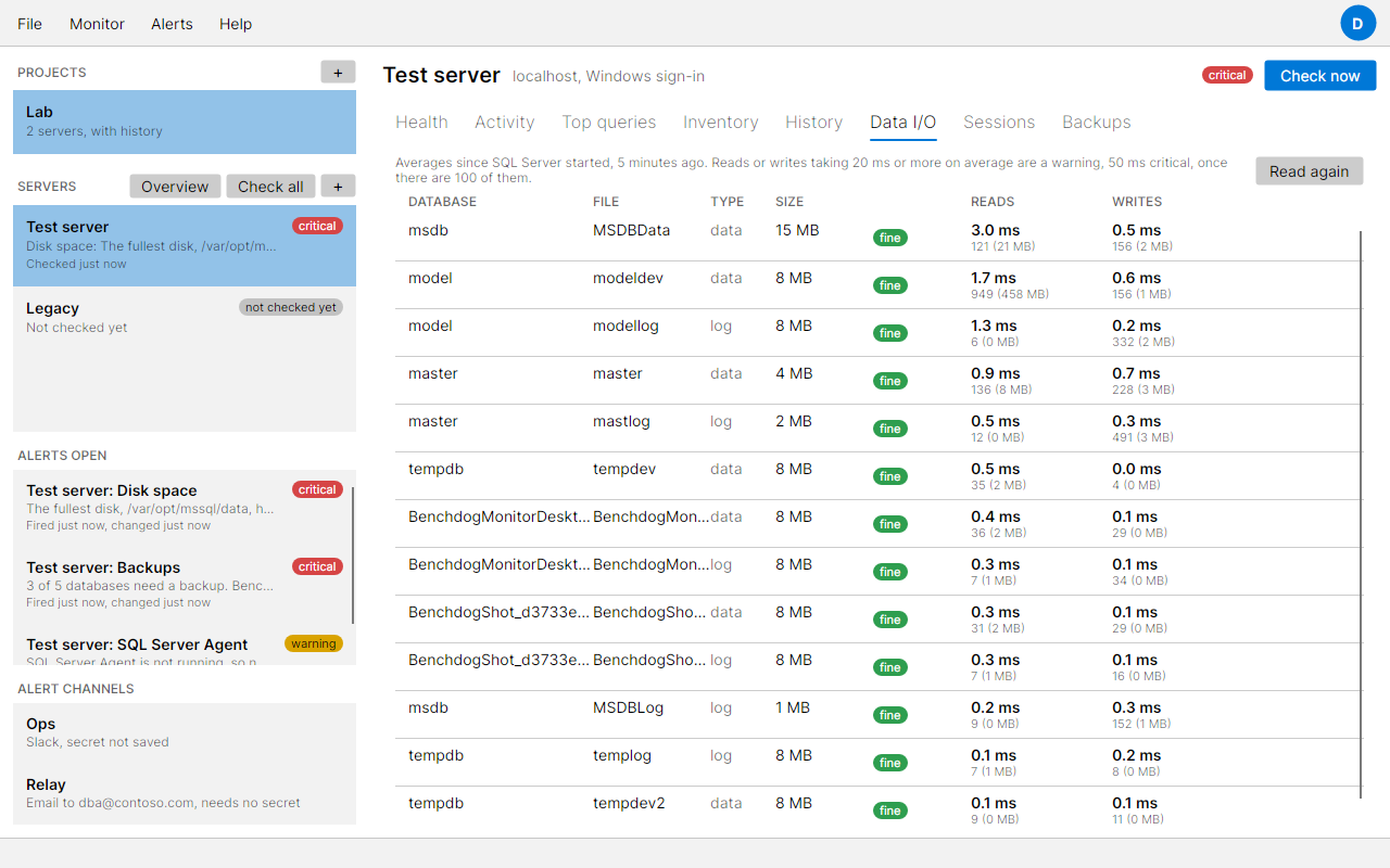 The Data I/O tab listing database files with their type, size, reads, writes and average read and write times, the slowest first with warning and critical tags
