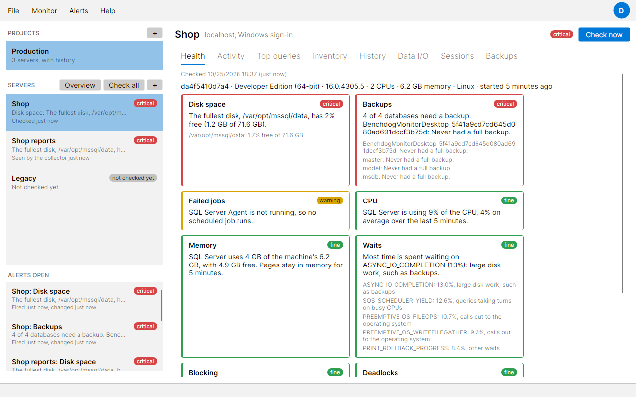 The SQL Monitor desktop app with a project's servers on the left, each with a coloured tag, and one server's Health tab with a card for each area, the critical ones first