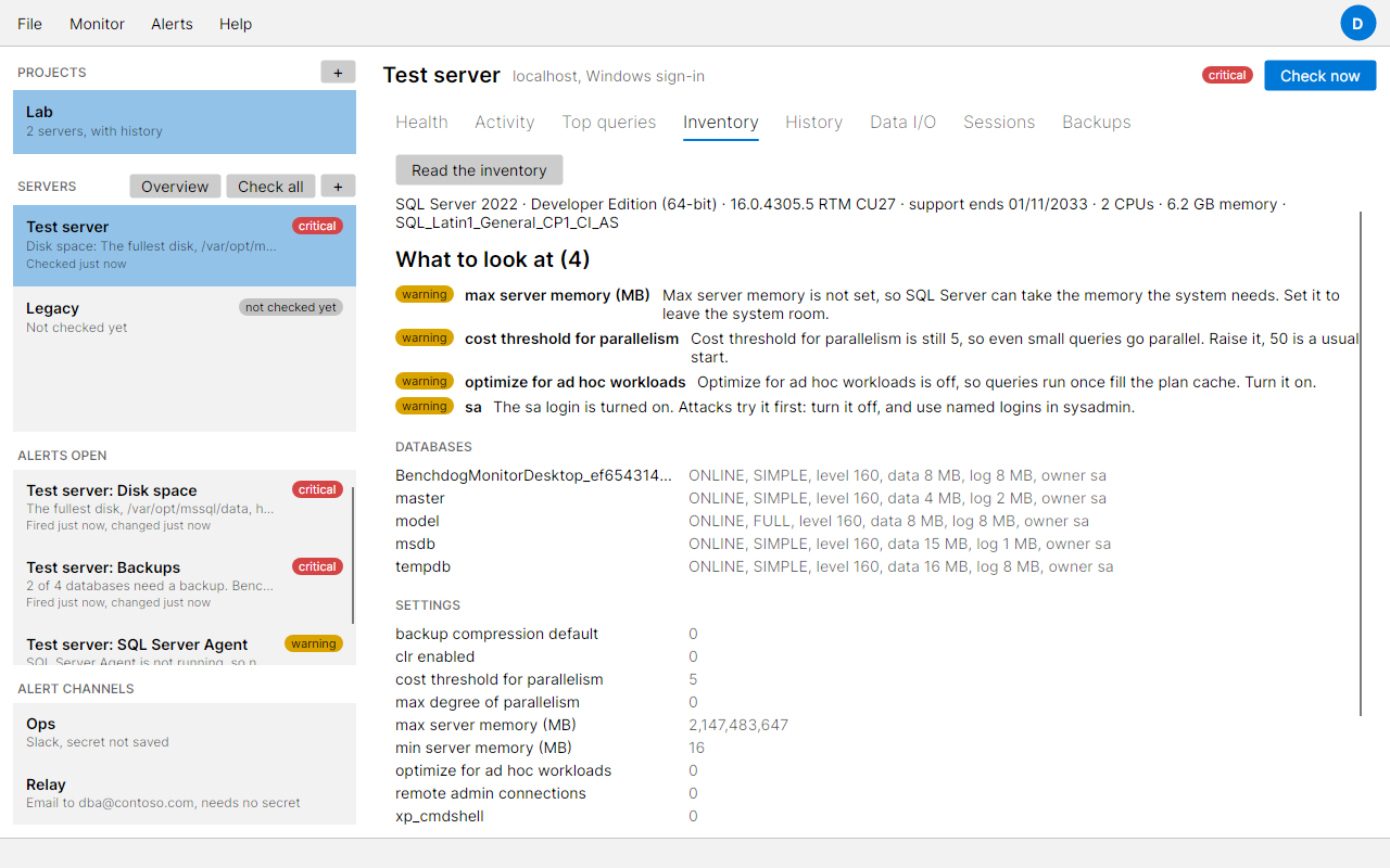 The Inventory tab with the server's release and support end date, a list of findings with warning tags, and the server's databases