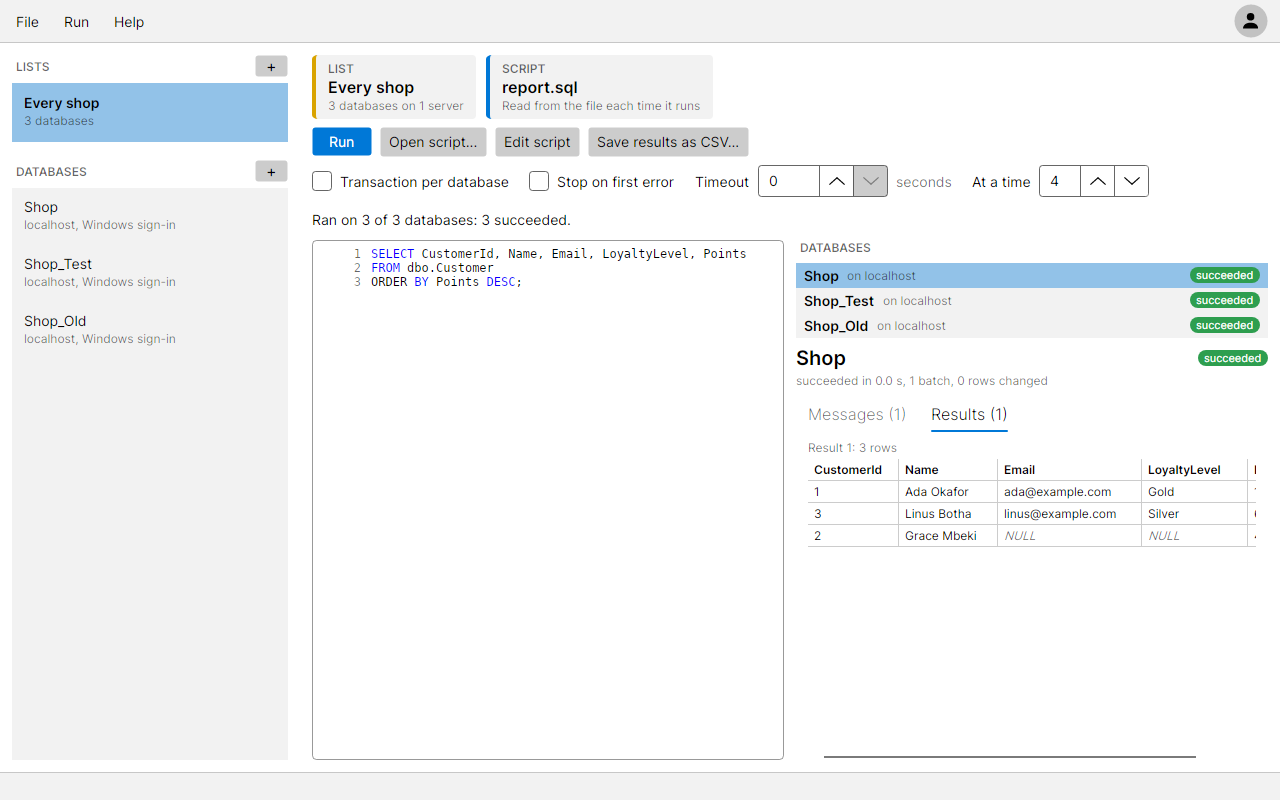 report.sql run on every shop, with Shop's Results tab showing the grid, a NULL in italics, and Save results as CSV in view