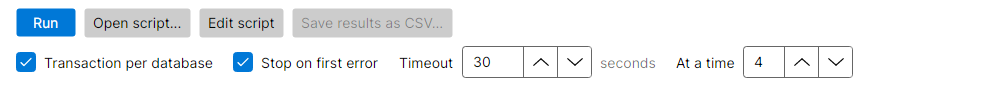 The run options with Transaction per database and Stop on first error ticked, Timeout set to 30 seconds and At a time set to 4