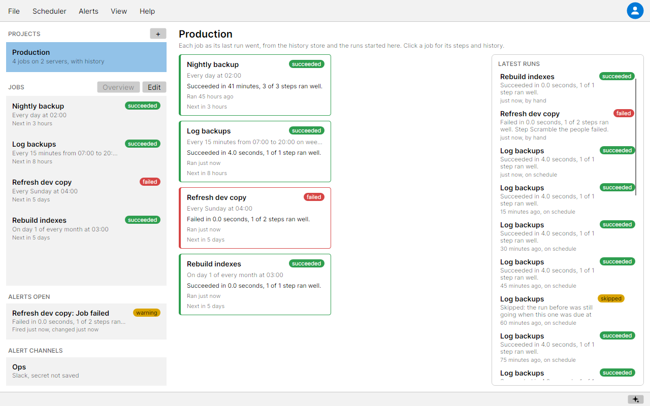 The SQL Scheduler overview with jobs as cards, each coloured by its last run, with its schedule, next time and last result, and the latest runs listed on the right