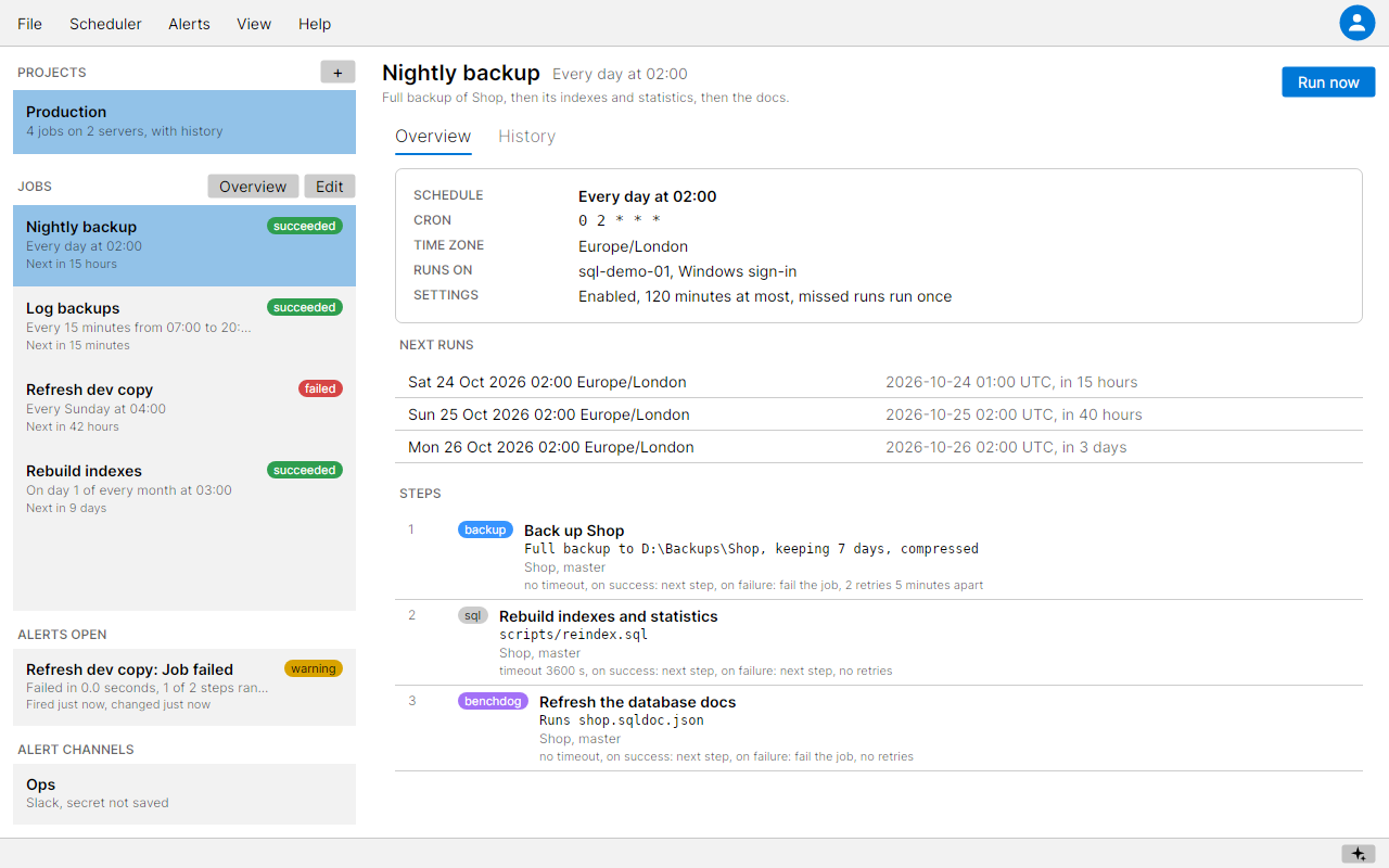 The desktop app's job page showing a schedule in Europe/London with its next runs in UTC and local time either side of the clocks going back