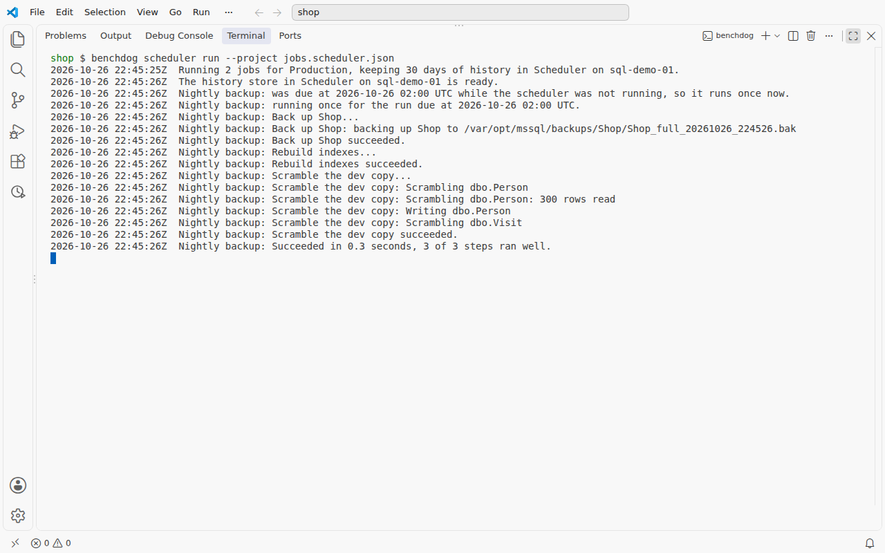 The scheduler's log in a terminal, with a line saying a job was due while the scheduler was not running so it runs once now, then the run's result