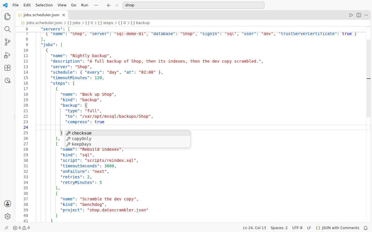 VS Code with a jobs.scheduler.json file open, a job with a backup step, a sql step and a benchdog step that runs a .datascrambler.json project, and IntelliSense suggesting the backup settings