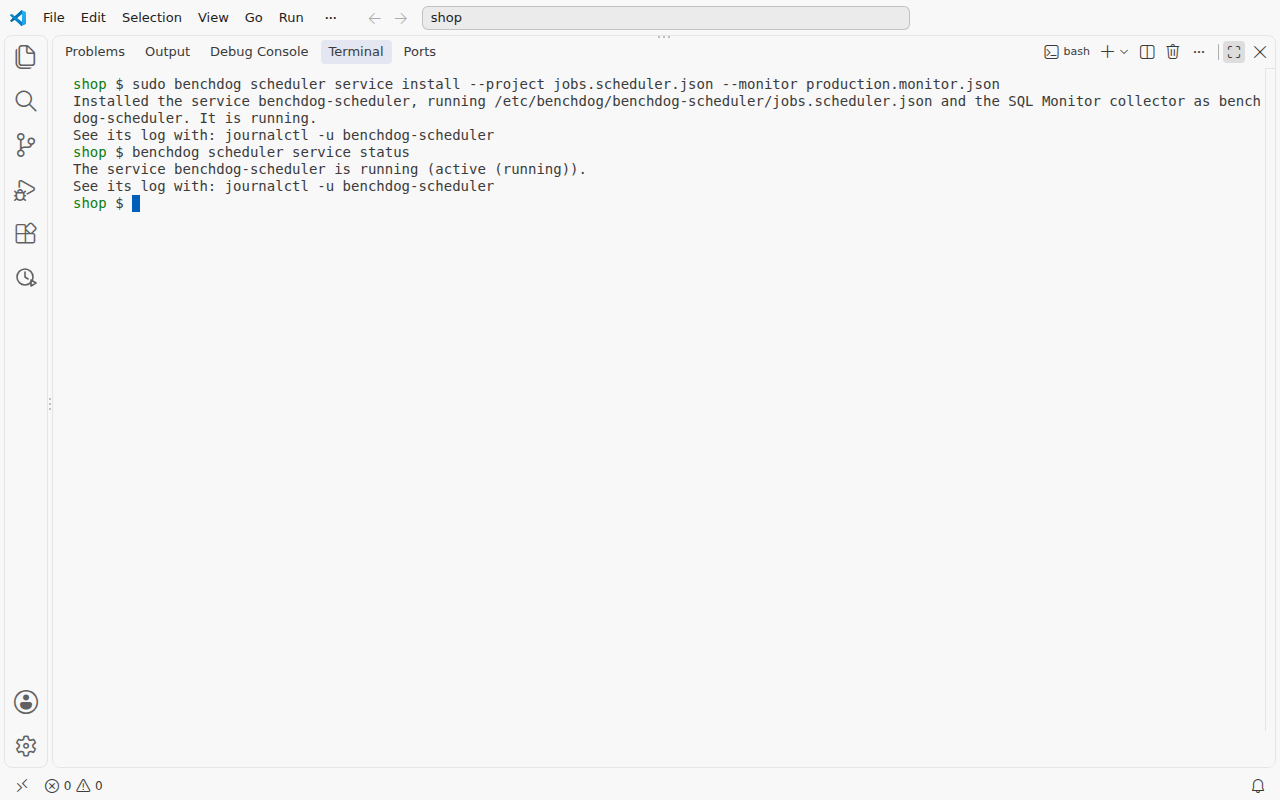 A terminal where benchdog scheduler service install has installed the service with the collector, and benchdog scheduler service status says it is running