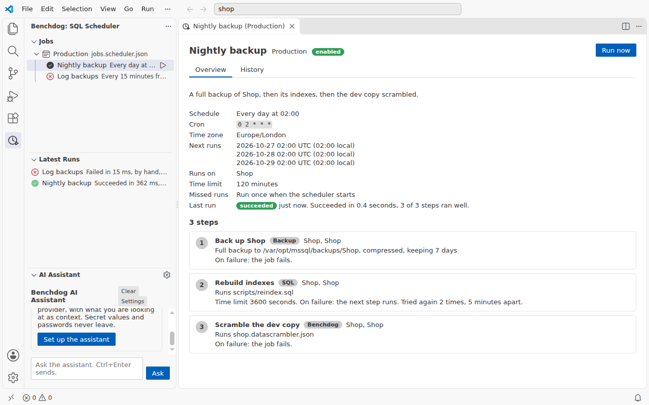 The Jobs view in VS Code beside the Nightly backup job's page, which lists its steps with what follows each on failure, its retries and its time limit