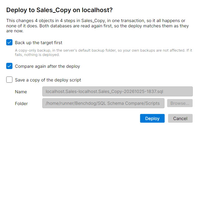 The Deploy window with a drop listed to read first, and Back up the target first and Compare again after the deploy ticked