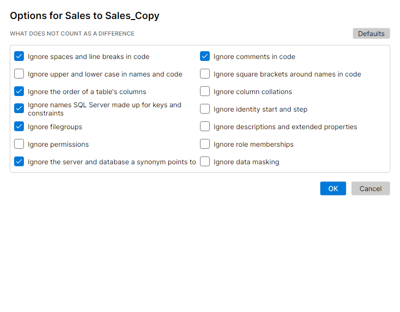The Options window with the defaults plus Ignore comments in code ticked, and the Defaults button in view