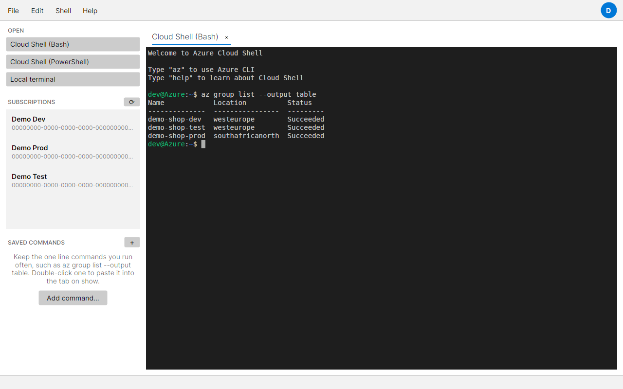 The Benchdog Shell desktop app with a Cloud Shell Bash tab showing az group list output in colour