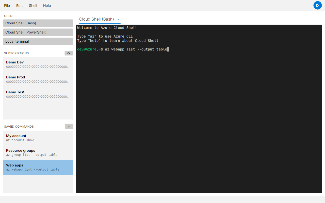 The saved commands list in the desktop app with three named commands, and one pasted into the terminal ready to run