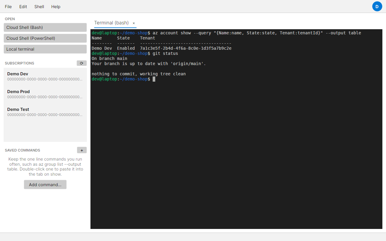 A local terminal tab in the desktop app showing az account show output and a git status
