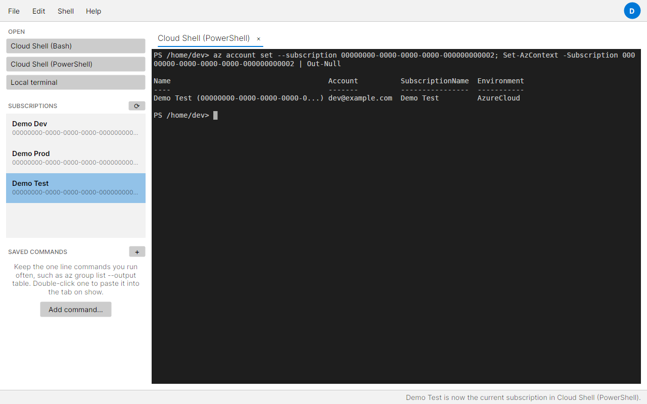 The subscriptions list on the left of the desktop app, with one picked and the az account set line run in the tab