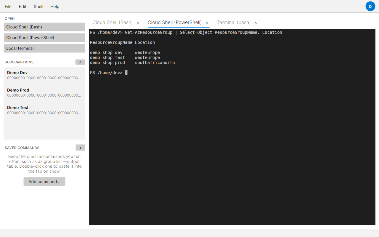 The desktop app with three tabs: Cloud Shell Bash, Cloud Shell PowerShell and a local terminal, the PowerShell one on show