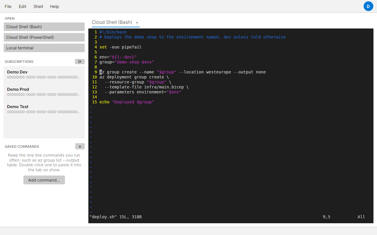 A Cloud Shell tab in the desktop app running vim on a script, with line numbers and colours