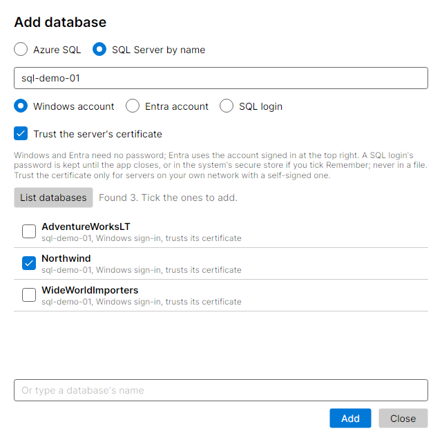 The Add database window with SQL Server chosen, a server name typed, Windows sign-in picked, the certificate trusted and three databases listed with one ticked