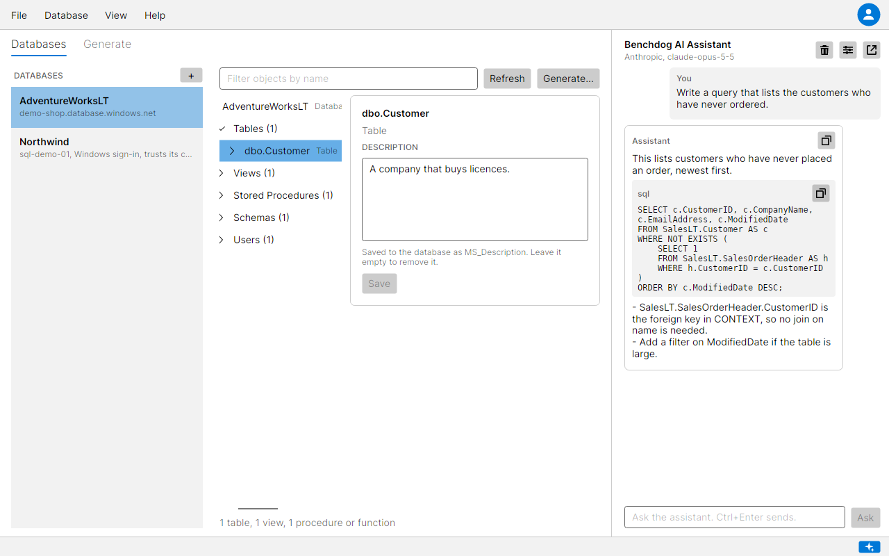 The SQL Documenter desktop app with a table picked in the tree and the AI Assistant panel on the right, a question about customers who have never ordered answered with a T-SQL query in a code block with a Copy button