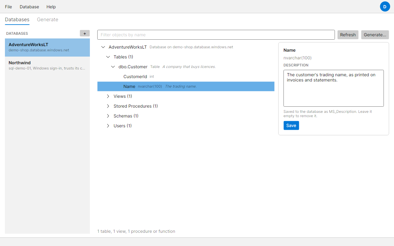 A database picked in the list, its tree open to a table's columns, one column picked and a new description typed, ready to Save