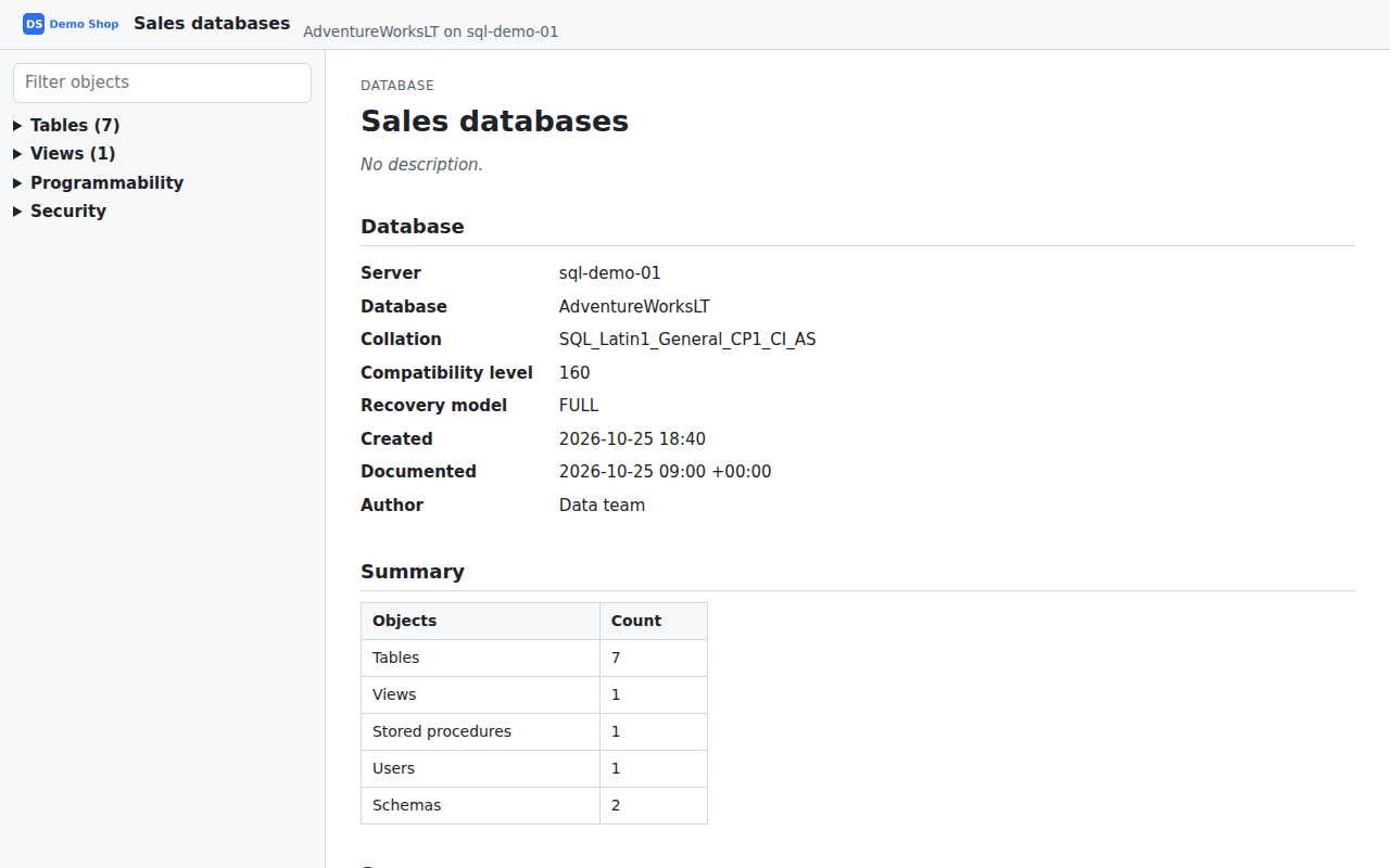 The cover page of generated HTML documentation with a made up company's logo in the header, the title Sales databases, the server, the author and the summary of objects