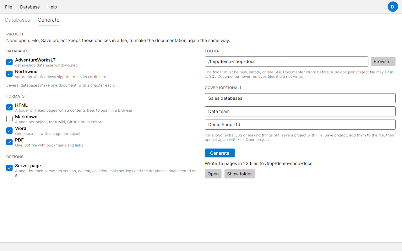 The Generate tab with two databases and HTML, Word and PDF ticked, a title, author and copyright filled in, and the run finished with Open ready