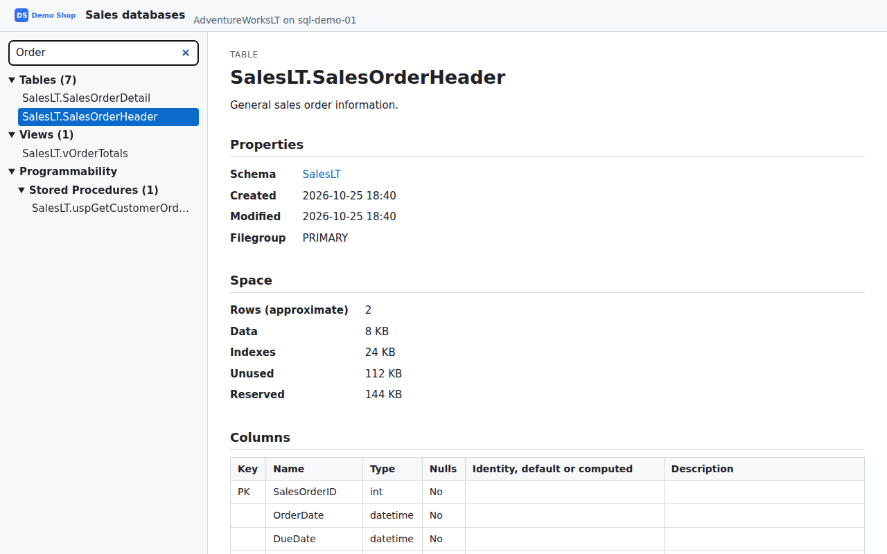 Generated HTML documentation in a browser, with a sidebar tree of tables, views and procedures, a filter box, and a table's page open