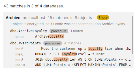 A database in the results with an amber tag and a note under it naming the objects whose code could not be searched