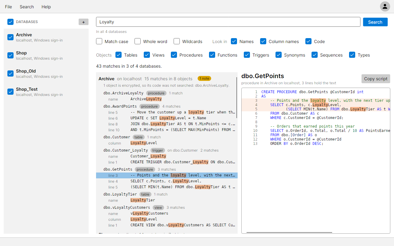 The match on dbo.GetPoints picked, with the coloured script beside the results and its matching lines marked