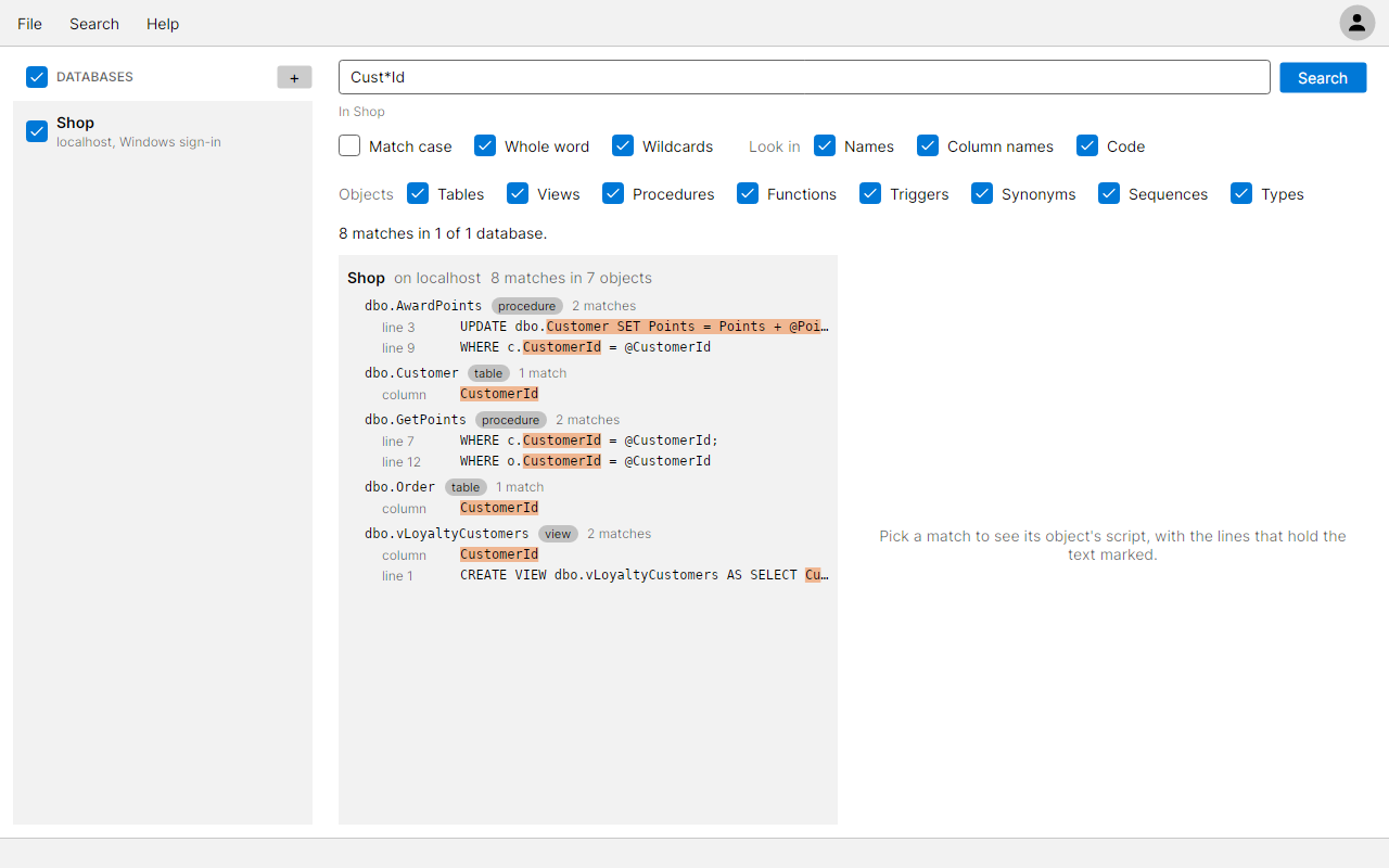 A search for Cust*Id with Whole word and Wildcards ticked, matching CustomerId in column names and lines of code